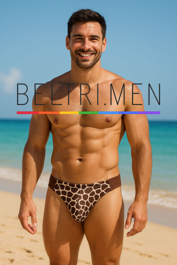 Este bañador tipo slip de la colección Safari Pride de BELTRIMEN es una declaración de fuerza, libertad y sensualidad. El diseño combina un impactante estampado de jirafa en el frontal con un acabado en marrón sólido en la parte trasera, ofreciendo un equilibrio entre lo salvaje y lo sofisticado.
