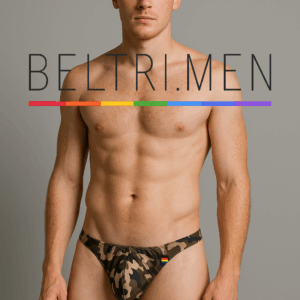 Bañador slip masculino con estampado militar camuflaje y detalle sutil de bandera LGTBI+. Una combinación entre fuerza y visibilidad, diseñado para quienes se sienten orgullosos de mostrarse tal y como son. Exclusivo de BELTRIMEN. Orgulloso, libre y sin camuflajes.