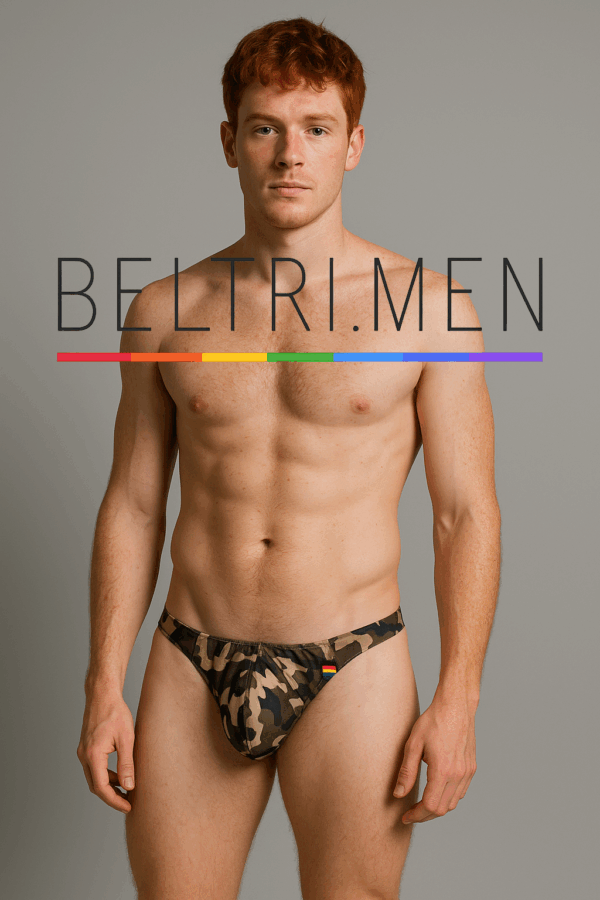 Bañador slip masculino con estampado militar camuflaje y detalle sutil de bandera LGTBI+. Una combinación entre fuerza y visibilidad, diseñado para quienes se sienten orgullosos de mostrarse tal y como son. Exclusivo de BELTRIMEN. Orgulloso, libre y sin camuflajes.