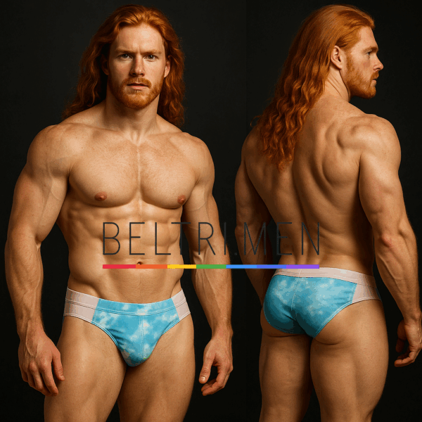 Bañador slip masculino en celeste efecto tie-dye con laterales en blanco perlado. Un diseño fresco, moderno y minimalista, inspirado en el cielo de verano. Parte de la colección SKYLINE de BELTRIMEN. Para cuerpos libres y mentes elevadas