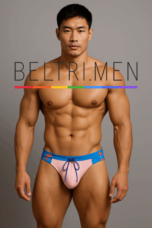El equilibrio perfecto entre sensualidad y energía. Este bañador tipo slip de hombre, firmado por BELTRIMEN, presenta una explosión de estilo con su base rosa pastel, vivos contrastes en azul eléctrico y pequeños estampados geométricos color coral en los laterales.