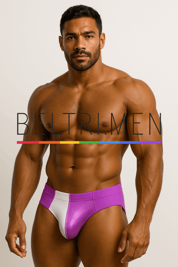 Bañador slip masculino en diseño tricolor: blanco central y laterales en fucsia brillante. Corte clásico con toque moderno, pensado para quienes saben que el orgullo se lleva con estilo. Una pieza de la colección Pride Power de BELTRIMEN. Un diseño que irradia fuerza, sensualidad y confianza.