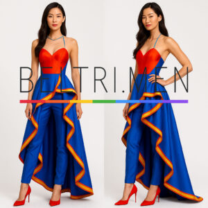 Fuego Real Un tributo a la realeza moderna con alma cultural. Fuego Real es un conjunto único que fusiona la elegancia de un corsé corazón en rojo intenso con la audacia de un pantalón entallado y sobrefalda estructurada en azul profundo, realzada por un vivo ribete dorado con detalles étnicos. Esta pieza celebra la fuerza femenina, la tradición reinterpretada y el poder de destacar con autenticidad. Ideal para eventos donde estilo, cultura y actitud se encuentran.
