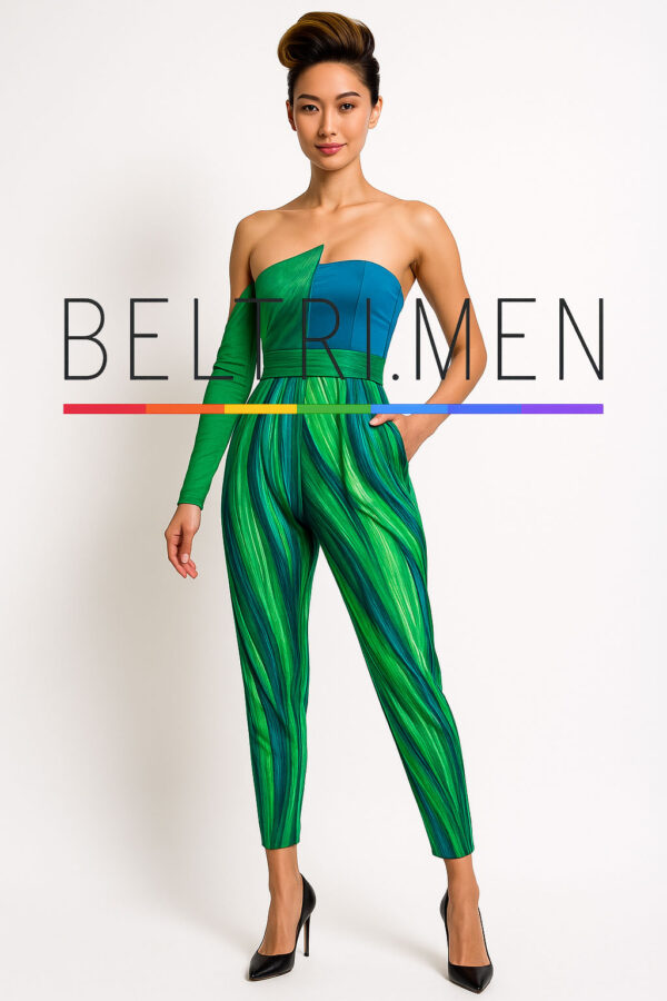 Verde Veneno Sofisticación con una dosis de atrevimiento. Verde Veneno es un jumpsuit de un solo hombro que redefine el poder del verde con un estampado vibrante y textura hipnótica. El contraste entre la manga larga y el escote asimétrico aporta equilibrio y personalidad, mientras la silueta ceñida estiliza la figura con precisión. Ideal para mujeres que caminan con firmeza, miran al frente y dominan cualquier espacio con estilo.