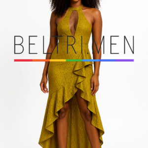 Sol de Medianoche Este vestido tiene una estética vibrante, sensual y contemporánea, con su escote halter, abertura frontal con transparencia y caída asimétrica con volantes. Es perfecto para una mujer que quiere destacar con elegancia y seguridad.