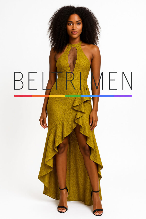 Sol de Medianoche Este vestido tiene una estética vibrante, sensual y contemporánea, con su escote halter, abertura frontal con transparencia y caída asimétrica con volantes. Es perfecto para una mujer que quiere destacar con elegancia y seguridad.