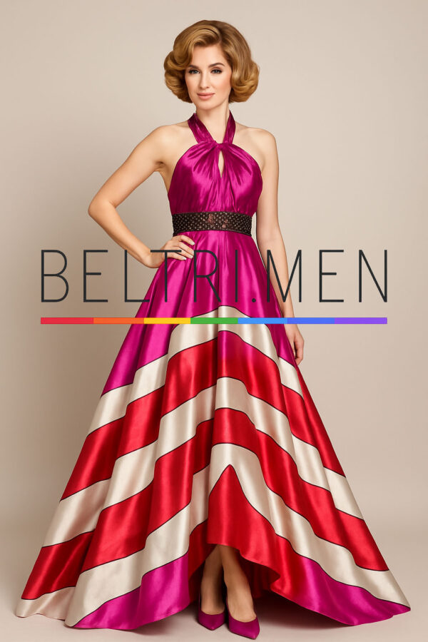 Candy Royale Este vestido es una fusión perfecta entre glamour retro, elegancia moderna y un espíritu audaz. Con sus impactantes franjas diagonales en tonos fucsia, rojo y blanco nacarado, y su escote halter drapeado, es una pieza que roba todas las miradas y evoca la opulencia de las divas clásicas con un giro contemporáneo. Inspirado en el encanto del viejo Hollywood y la audacia del color, Candy Royale es un vestido que celebra el drama, la feminidad y el lujo. Su escote halter drapeado crea un efecto sofisticado, mientras que la falda de gran volumen, adornada con franjas diagonales satinadas, aporta dinamismo y carácter. Perfecto para galas, alfombras rojas o eventos donde la única opción es destacar. Con Candy Royale, cada paso es una escena principal.