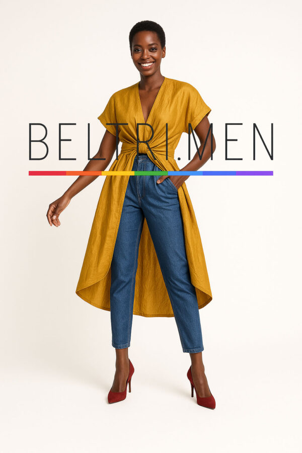Luz Terrenal Este conjunto irradia estilo urbano con elegancia funcional, perfecto para una mujer moderna que busca comodidad sin renunciar a la originalidad. La mezcla del top largo tipo túnica en dorado mostaza con nudo central y la estructura del denim crea un look versátil, poderoso y fresco. Luz Terrenal fusiona lo casual y lo sofisticado en un conjunto lleno de energía. La túnica en tono mostaza con textura artística envuelve la figura con fluidez y carácter, mientras su diseño anudado y la caída asimétrica le añaden dinamismo. Combinado con jeans de corte clásico y tacones en contraste, este look es ideal para destacar en reuniones creativas, salidas con estilo o días donde lo esencial es sentirse única.