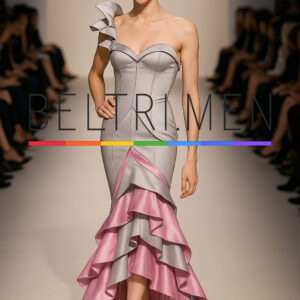 Tempestad de Seda Este vestido es puro arte escultural en movimiento. Con su corsé estructurado en gris perla, un hombro decorado con una voluta de tela y una falda en cascada que combina el gris con un vibrante rosa satinado, evoca la elegancia futurista y la teatralidad de alta costura. Una silueta que encarna el drama y la precisión del diseño. Tempestad de Seda es un vestido que abraza el cuerpo con un corsé arquitectónico y cae en una cascada de volantes bicolor que hipnotiza al caminar. El contraste entre el gris perla y el rosa metálico potencia la sofisticación con un giro vanguardista, mientras el detalle de un solo hombro añade un toque escultórico. Ideal para alfombras rojas, galas o momentos donde se exige presencia y arte en un solo atuendo.