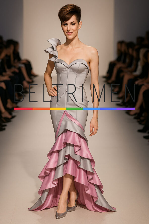 Tempestad de Seda Este vestido es puro arte escultural en movimiento. Con su corsé estructurado en gris perla, un hombro decorado con una voluta de tela y una falda en cascada que combina el gris con un vibrante rosa satinado, evoca la elegancia futurista y la teatralidad de alta costura. Una silueta que encarna el drama y la precisión del diseño. Tempestad de Seda es un vestido que abraza el cuerpo con un corsé arquitectónico y cae en una cascada de volantes bicolor que hipnotiza al caminar. El contraste entre el gris perla y el rosa metálico potencia la sofisticación con un giro vanguardista, mientras el detalle de un solo hombro añade un toque escultórico. Ideal para alfombras rojas, galas o momentos donde se exige presencia y arte en un solo atuendo.