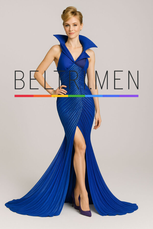 Galaxia Azul Este vestido es una obra maestra de la alta costura: elegante, estructurado y con una energía futurista. El escote con cuello alto tipo “armadura”, el corte sirena con pliegues radiales y el profundo tono azul lo convierten en una pieza de poder absoluto, digna de una figura dominante y sofisticada. Majestuoso y provocador, Galaxia Azul combina el dramatismo de la alta moda con la elegancia de una silueta sirena. Su diseño estructurado abraza el cuerpo con líneas que fluyen como energía cósmica, mientras el cuello elevado y escote profundo evocan el poder de una heroína galáctica. El tono azul eléctrico y los detalles texturizados hacen de este vestido una declaración de autoridad, estilo y vanguardia. Ideal para alfombras rojas, pasarelas o momentos donde la presencia lo es todo.