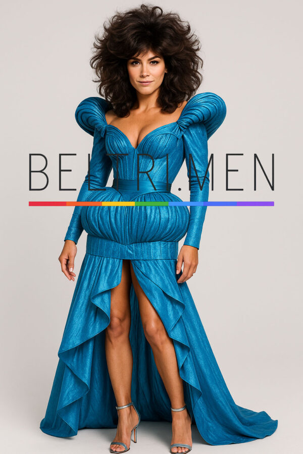Diva Cósmica Este vestido es una explosión de teatralidad, estructura y sensualidad. Con hombros exagerados, silueta entallada, falda drapeada con abertura central y un electrizante tono azul texturizado, es la perfecta fusión entre glamour ochentero y futurismo escultural. Diva Cósmica es un homenaje a la fuerza femenina sin límites. Con hombros voluminosos al estilo de una estrella de los años 80 y un corsé que enmarca la figura con precisión, esta pieza está pensada para dominar cualquier escenario. Su diseño estructurado y su falda con drapeado y abertura frontal aportan dramatismo, mientras el azul brillante con textura iridiscente asegura una presencia inolvidable. Perfecto para editoriales, pasarelas o mujeres que no solo entran en la sala: la poseen.