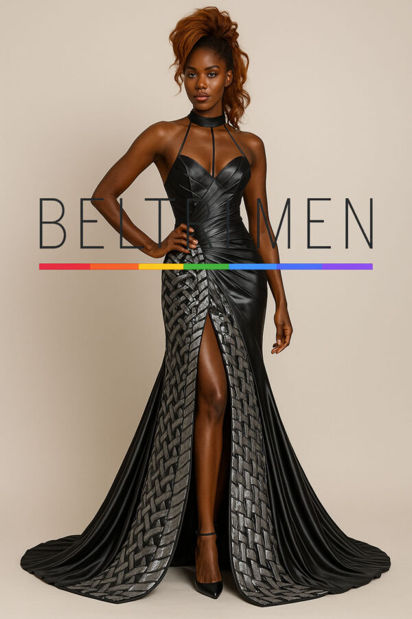 Pantera Nocturna Este vestido es un manifiesto de poder y sofisticación. La textura trenzada en la falda, el diseño tipo corsé con escote estructurado y los detalles de cuello halter con efecto harness lo convierten en una pieza futurista, elegante y feroz. Atrevido, elegante y cargado de actitud. Pantera Nocturna es un vestido que exuda poder desde cada costura. Su corsé entallado de líneas diagonales realza la figura con precisión, mientras que el cuello halter con tiras aporta un toque audaz y moderno. La falda con apertura central revela una impresionante textura entretejida en tonos metálicos, que aporta profundidad y movimiento a una silueta ya imponente. Perfecto para alfombras rojas, galas futuristas o cualquier evento donde el negro no sea una elección segura, sino letal.