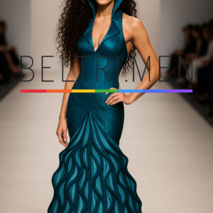 Sirena de Ébano Este vestido es pura elegancia arquitectónica, con una silueta que simula el movimiento del agua y una textura que recuerda a escamas o raíces entrelazadas. El cuello alto abierto tipo pétalo y la estructura sirena aportan un aire místico y poderoso. Sirena de Ébano es un diseño hipnótico que fluye con la fuerza del océano profundo y la precisión de la alta costura. Su estructura tipo sirena abraza el cuerpo con firmeza, mientras el bajo simula un oleaje en movimiento, trazado por líneas curvas que evocan agua, escamas o fuego contenido. El escote con cuello alto tipo pétalo añade un toque de drama sutil y sofisticado. Ideal para alfombras rojas, editoriales de impacto o galas donde la fantasía cobra forma.