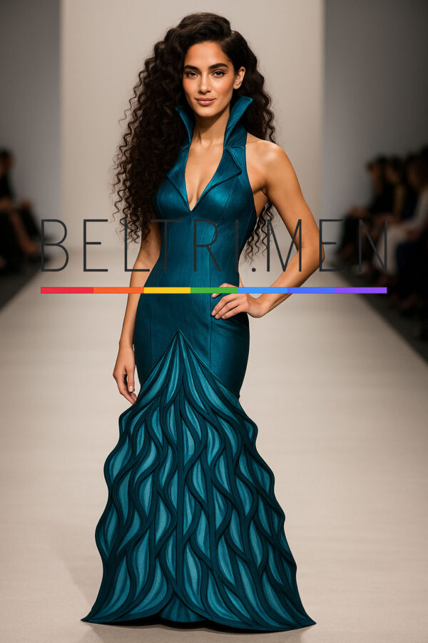 Sirena de Ébano Este vestido es pura elegancia arquitectónica, con una silueta que simula el movimiento del agua y una textura que recuerda a escamas o raíces entrelazadas. El cuello alto abierto tipo pétalo y la estructura sirena aportan un aire místico y poderoso. Sirena de Ébano es un diseño hipnótico que fluye con la fuerza del océano profundo y la precisión de la alta costura. Su estructura tipo sirena abraza el cuerpo con firmeza, mientras el bajo simula un oleaje en movimiento, trazado por líneas curvas que evocan agua, escamas o fuego contenido. El escote con cuello alto tipo pétalo añade un toque de drama sutil y sofisticado. Ideal para alfombras rojas, editoriales de impacto o galas donde la fantasía cobra forma.