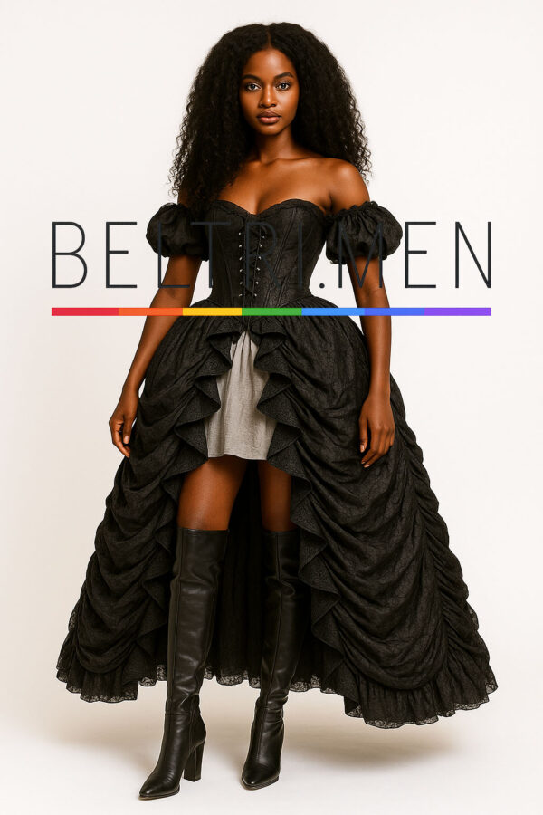 Sombra Imperial Este vestido es una poderosa fusión entre lo gótico victoriano y la actitud contemporánea. El corsé entallado, las mangas abullonadas, la falda con recogidos dramáticos y la combinación con botas altas lo convierten en un ícono de teatralidad oscura y empoderamiento femenino. Sombra Imperial es una oda a la realeza oscura y la fuerza femenina. Con un corsé entallado que define la silueta, mangas románticas off-shoulder y una falda estructurada con drapeados dramáticos, esta pieza mezcla el romanticismo gótico con la actitud moderna. El contraste de texturas y volúmenes le da carácter, mientras que la abertura frontal revela botas altas para un look osado y empoderado. Ideal para editoriales, escenarios teatrales o mujeres que dominan el arte de vestirse como un acto de poder.